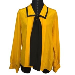 Laura Jayne Vintage Preppy Academia Yellow Black Collar Tie Neck Pleated Blouse